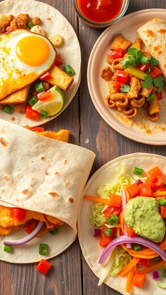 A variety of tortilla dishes including a breakfast burrito, quesadilla, and tacos on a rustic table.